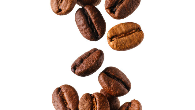 Isolated brown coffee beans falling dynamically, capturing rich texture and aromatic freshness