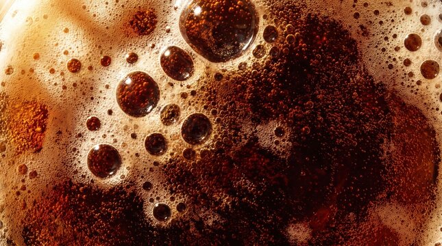 Macro view of carbonated dark beverage.