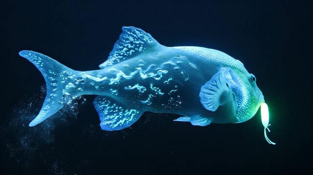 A bizarre deep sea anglerfish with glowing spots and a bioluminescent lure swims in the dark ocean abyss.