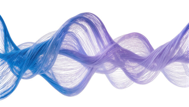 Isolated abstract flowing vibrant blue and purple wave of thin lines and optical fibers.