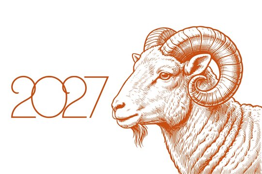 Vintage linocut style ram illustration with year 2027 typography - design for Chinese new year greeting cards, calendar covers, and retro apparel prints. JPEG version.