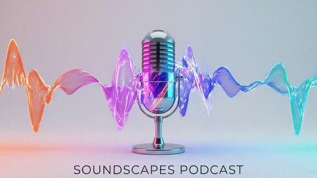 3D Professional Microphone with Colorful Sound Waves Motion Graphics for Podcast Background Loop