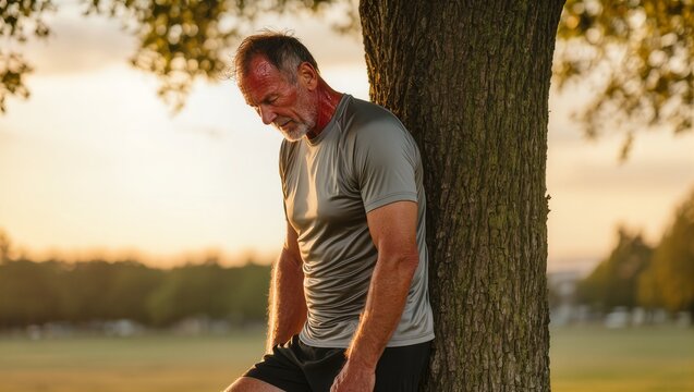 Tired or pensive mature man leaning against a tree outdoors