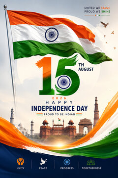 Happy Independence Day India 15th August 2026 Waving Tricolor Flag Poster with Ashoka Chakra, Red Fort Silhouette, Birds Flying and Saffron White Green Background