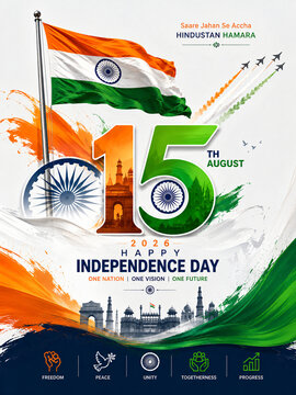 Happy Independence Day India 15th August 2026 Tricolor Flag Poster with Ashoka Chakra, India Gate, Flying Jets and Saffron White Green Watercolor Splash Background