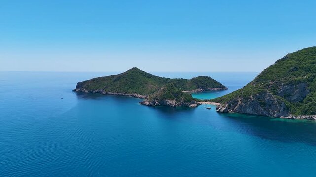 Aerial drone flying above Porto Timoni beach in Corfu, Greece