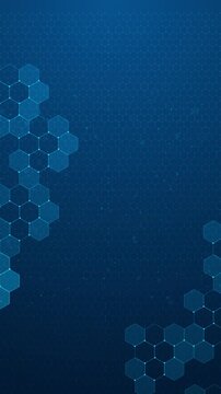 Blue hexagon network background glowing cyan cell outlines, tiny particles, and wide copy space. technology videos, science intros, digital presentations, data graphics, and futuristic overlays.