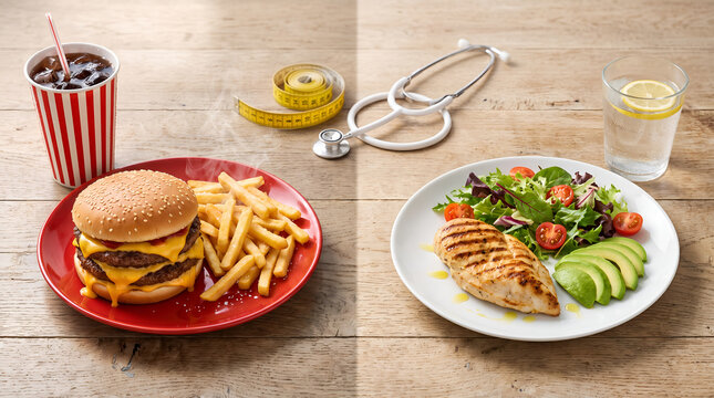 Concept of healthy versus unhealthy diet choices featuring fast food, a fresh salad with grilled chicken, a stethoscope, and a measuring tape on a wooden table