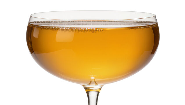 Isolated coupe glass of sparkling golden drink with bubbles, elegant festive beverage