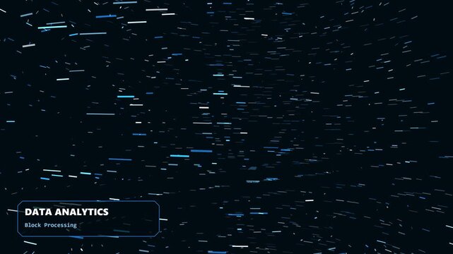 Data analytics block processing visualization with blue light particles moving through a dark virtual space