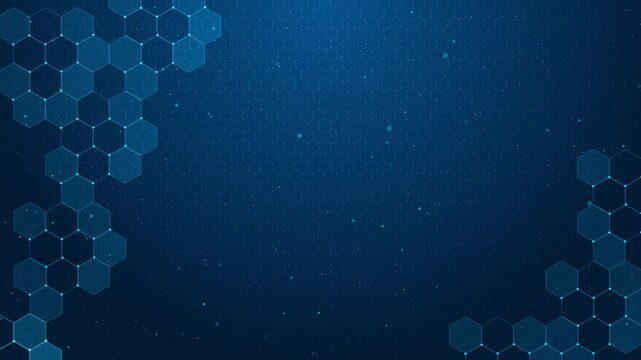 Futuristic blue hex grid visual with transparent polygon cells, soft cyan dots, and clean open center. Perfect for corporate videos, science screens, tech promos, data titles, and digital overlays.