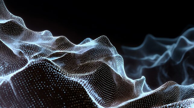 Glowing digital particle wave terrain representing abstract data flow and complex network connectivity patterns with background with background