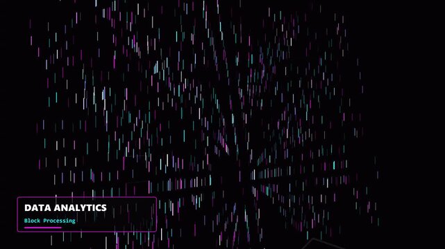 Data Analytics Block Processing visualization with neon light particles streaming through a dark virtual space