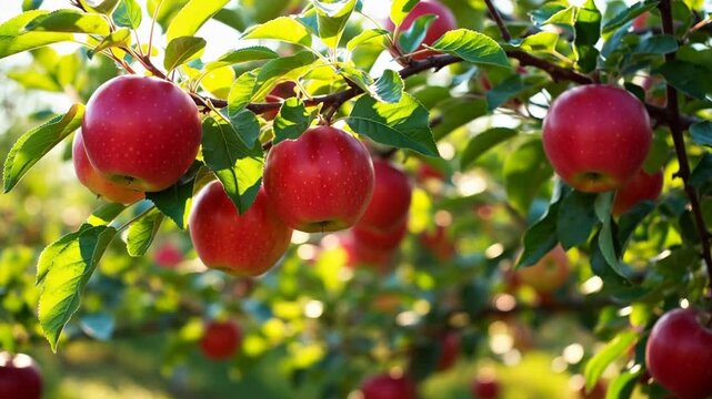 Ripe red apples hanging on a tree branch in an orchard with green leaves and sunlight