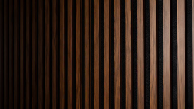 Modern architectural texture featuring vertical dark walnut acoustic wood slats