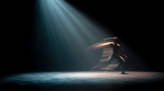 Dynamic motion blur of a male athlete performing under dramatic spotlight in dark cinematic studio