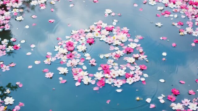 Pink and white cherry blossoms floating on a calm blue pond with gentle ripples
