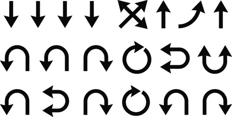 Black arrow vector set with directional pointers down up straight curved circle u turn and crossing symbols © MstHusna