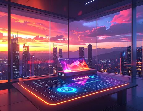 Futuristic control room cityscape sunset view.