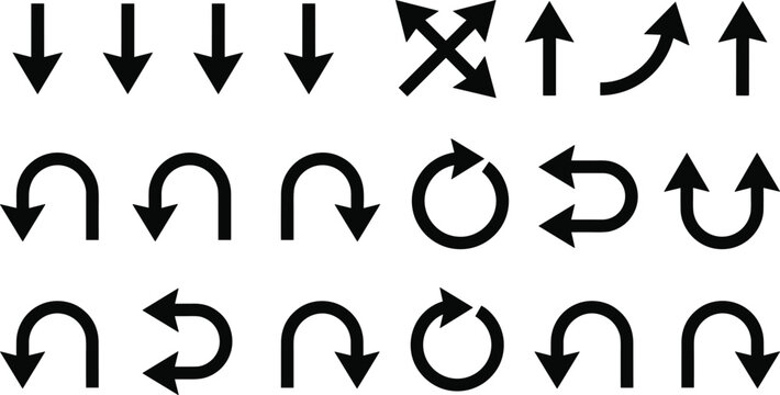 Black arrow vector set with directional pointers down up straight curved circle u turn and crossing symbols