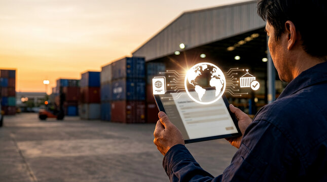 Officer holding tablet for customs clearance on supply chain optimization logistics tech portal at cargo container terminal, outdoor over shoulder view photo