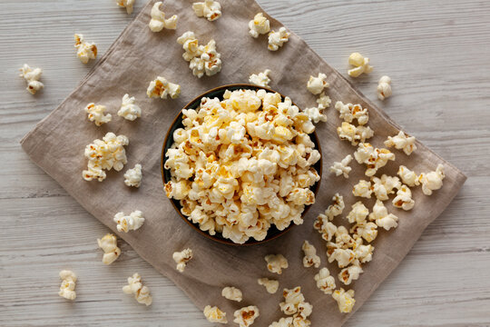 Bacon Flavored Popcorn in a Bowl, top view. Flat lay, overhead, from above.