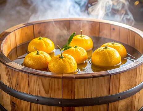 Japanese winter solstice yuzu bath with yellow yuzu citrus fruits floating in a wooden bathtub with rising steam