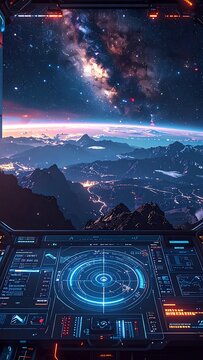 Galactic view from spaceship control panel.