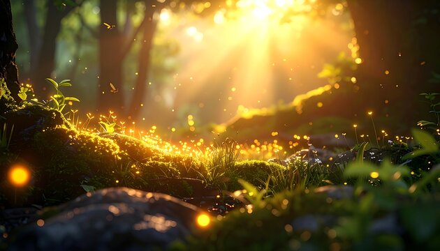Glowing fireflies in forest at sunset.
