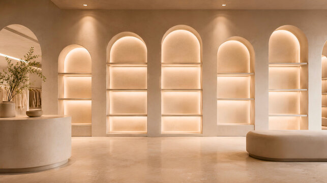 High end minimalist retail store interior with empty illuminated arched wall niches