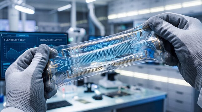 Hand Holding Flexible Circuit Board in Technology Research