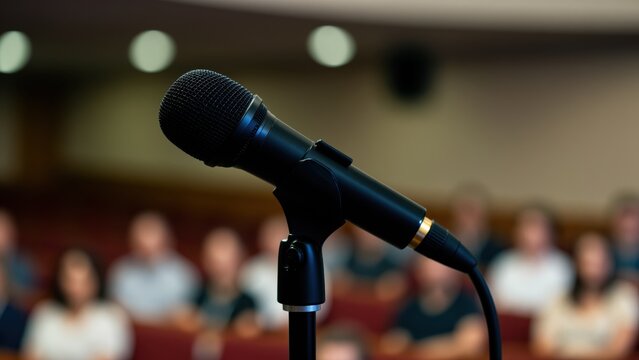 Spotlight Microphone: A black microphone stands ready on a stand, aimed at an unseen speaker, with a blurred audience seated in the background.
