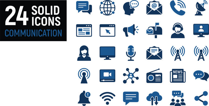 Communication solid icons pack featuring network mail phone megaphone advisor microphone antenna wireless connection interface elements set