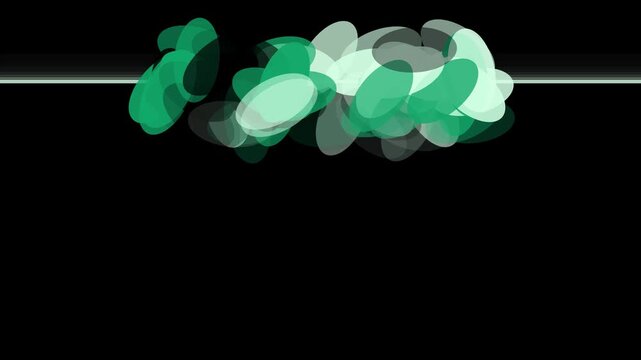 Evolving group of overlapping translucent green emerald and mint ovals moving across a sharp horizon line