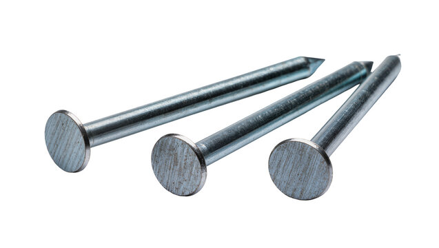 Isolated set of three shiny metal nails with flat heads and sharp tips for construction and DIY.