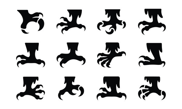 Collection of black bird talon and claw icons on white.