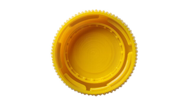 Isolated bright yellow plastic screw cap from a drink bottle, textured edge, internal rings