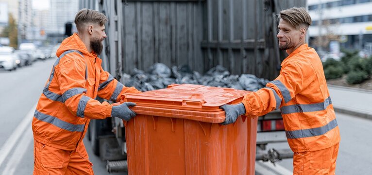 Sanitation workers loading a recycling bin onto a truck on a bustling city street, highlighting urban waste management.