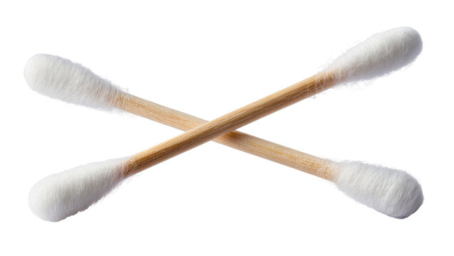 Isolated two crossed cotton swabs with natural wooden sticks, soft fluffy cotton buds
