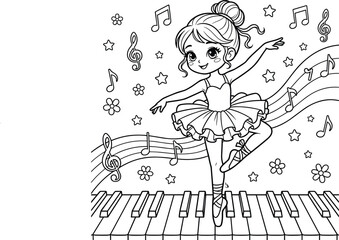 Cute little ballerina girl dancing on piano keys with musical notes and stars coloring page for kids