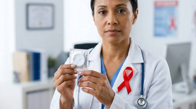Female doctor holding a condom with red awareness ribbon, professional medical clinic background, suitable for sexual health, HIV prevention and education.