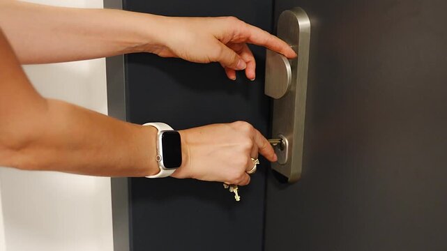 Person locking a residential apartment door with a key. Secure home access supports privacy safety and everyday property protection