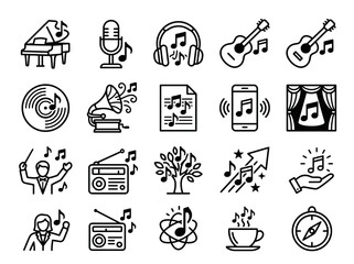 Fototapeta premium Music Icons Collection: Piano, Guitar, Microphone, Headphones, Vinyl, Notes