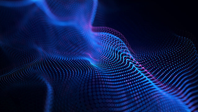 Blue and purple dotted particle wave on dark background. Abstract digital surface with flowing curves, soft depth and glowing data pattern for technology, signal and modern design.