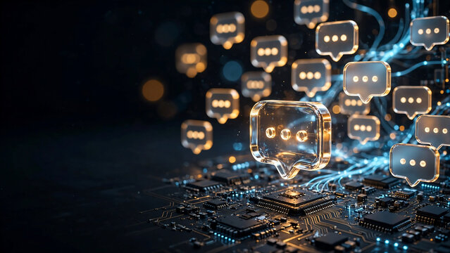 Glass chat bubbles floating over a detailed circuit board with neon light, perfect for digital communication, artificial intelligence and tech support.