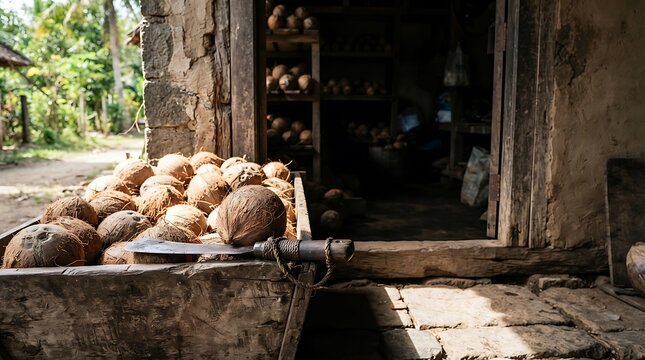 Piled husked coconuts and traditional machete knife in front of a rustic village shop