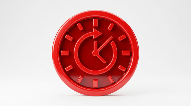 Glossy red clock icon with a circular arrow, 3D rendering against a white background, ideal for time management, project deadlines and efficiency.