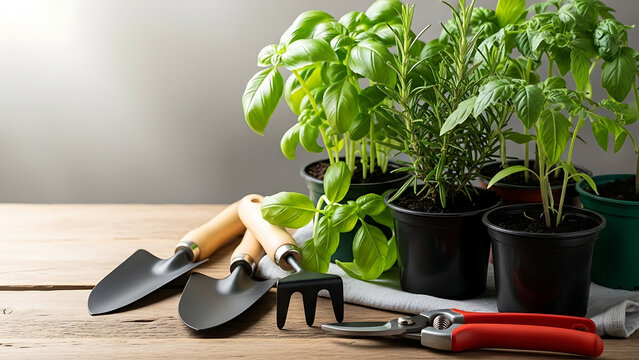 Gardening Tools and Basil Plants in Pots on Wooden Table