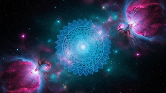 A cyan mandala superimposed on a space scene with nebulae and stars