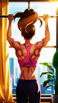 Woman doing pull-ups showing muscular back